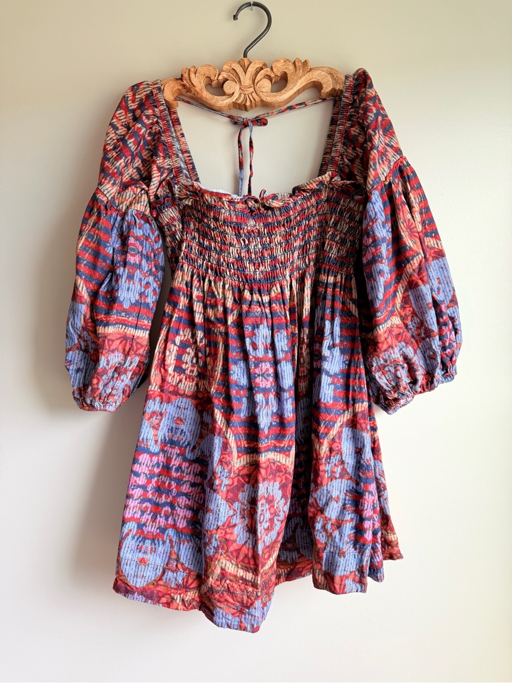 Free People Smocked Mini Dress in Rust Red & Periwinkle Blue
